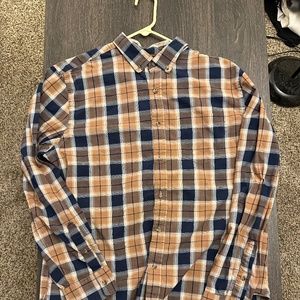 Men's Old Navy Long Sleeve Button Up - Brown/Blue Plaid - XL Slim Flex